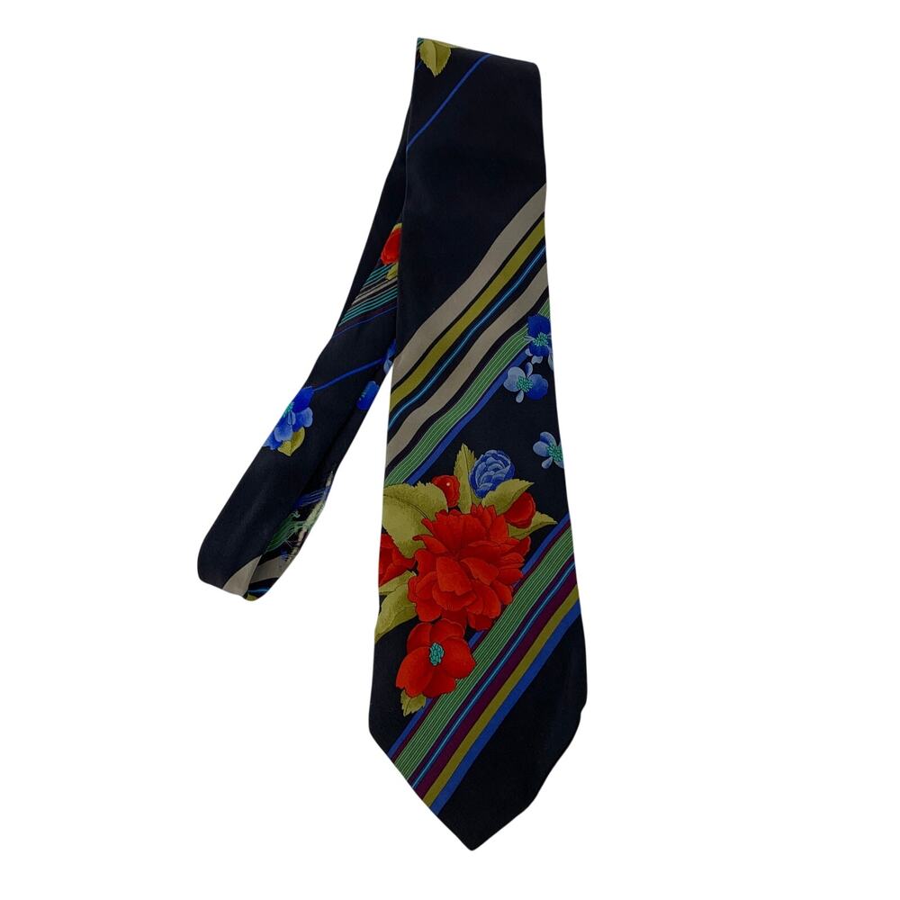 Leonard Paris Silk Tie Italy Designer Luxury Necktie Red Blue Floral Stripe